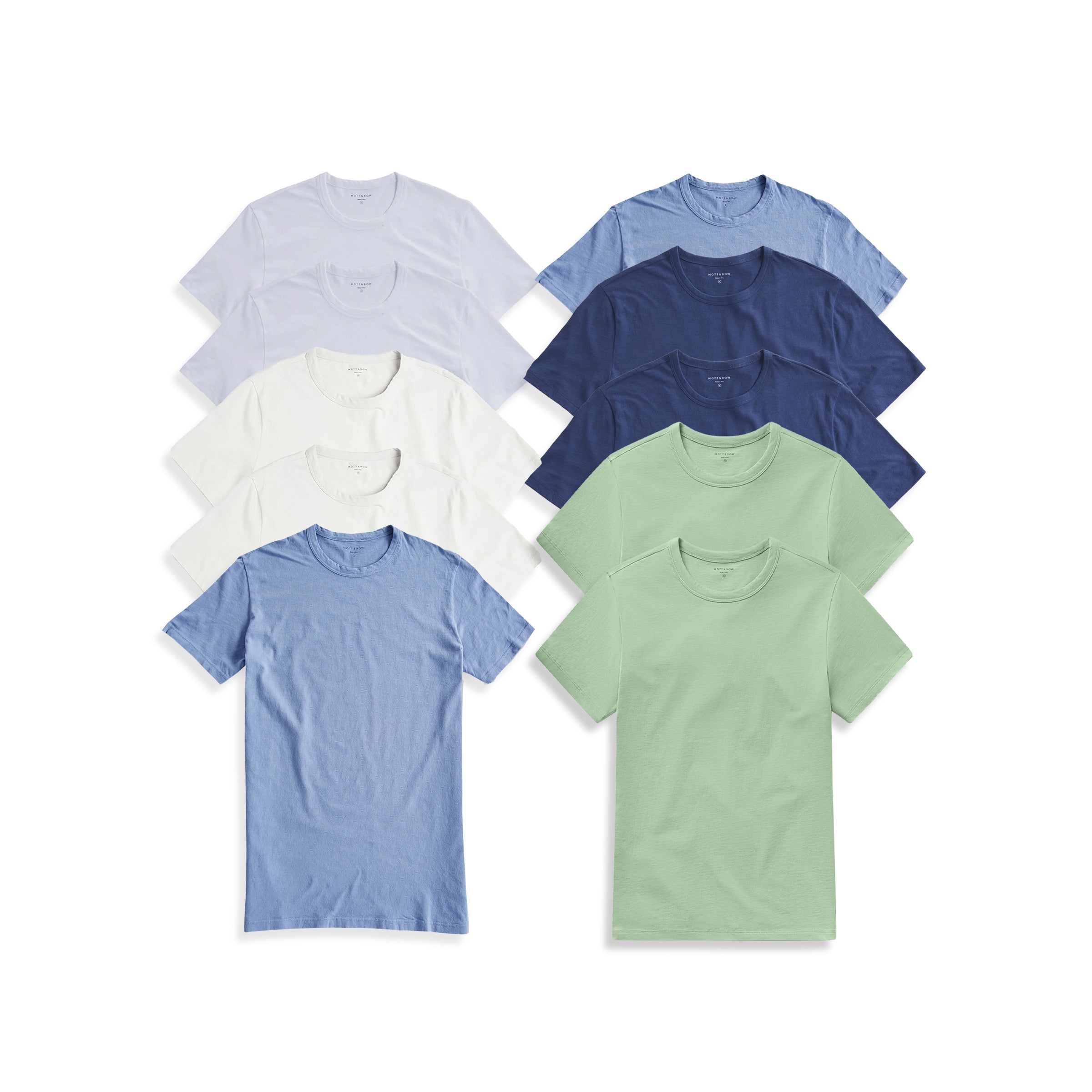 Men wearing White/White/Bone/Bone/California Blue/California Blue/Pistacchio/Pistacchio/Baltic Blue/Baltic Blue Classic Crew Driggs 10-Pack tees