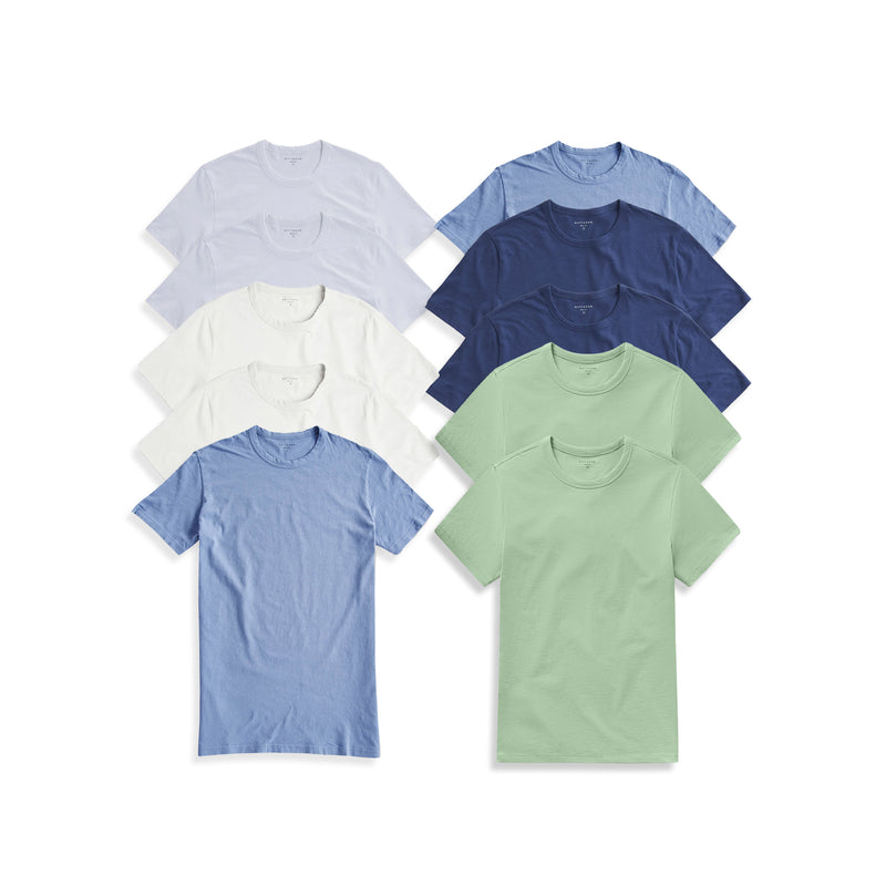 Men wearing White/White/Bone/Bone/California Blue/California Blue/Pistacchio/Pistacchio/Baltic Blue/Baltic Blue Classic Crew Driggs 10-Pack tees