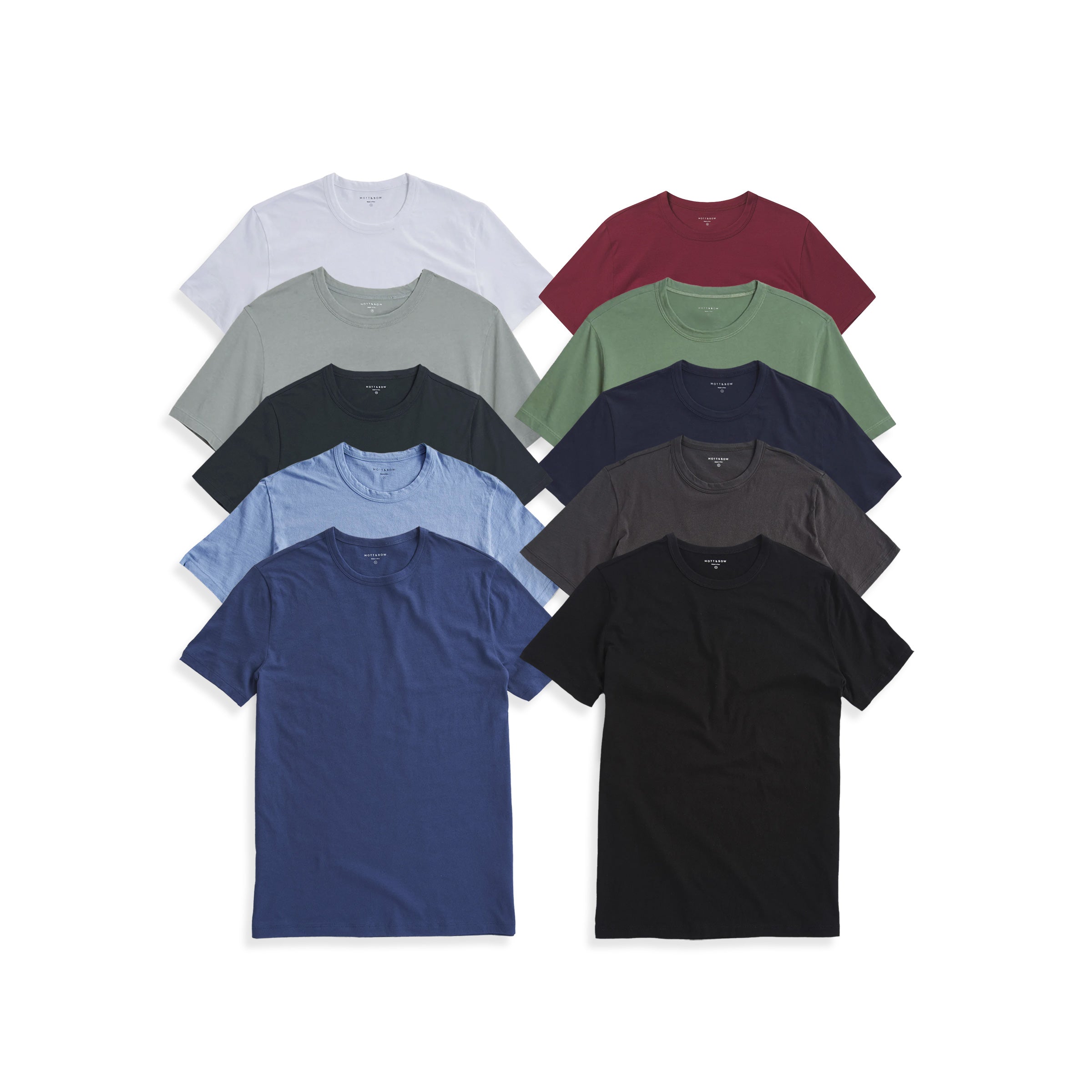 Men wearing Black/White/Navy/Baltic Blue/Dark Gray/Pine/California Blue/Brick Red/Gray Green/Olive Classic Crew Driggs 10-Pack tees