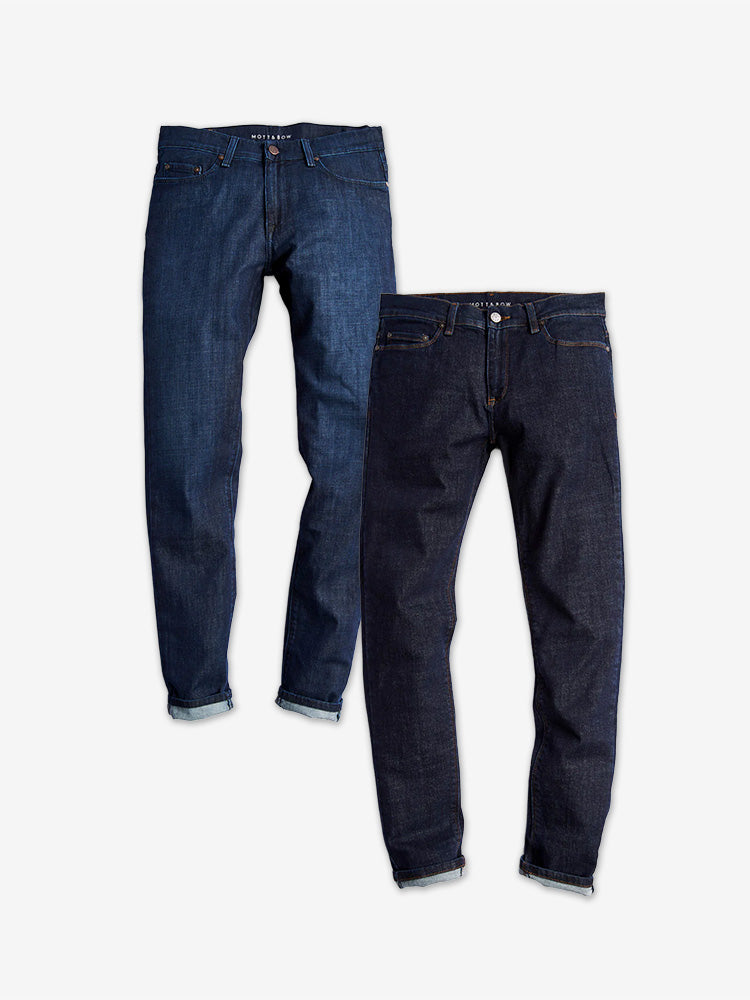  wearing Medium Blue/Dark Blue Straight Mosco and Straight Wooster 2-Pack Jeans