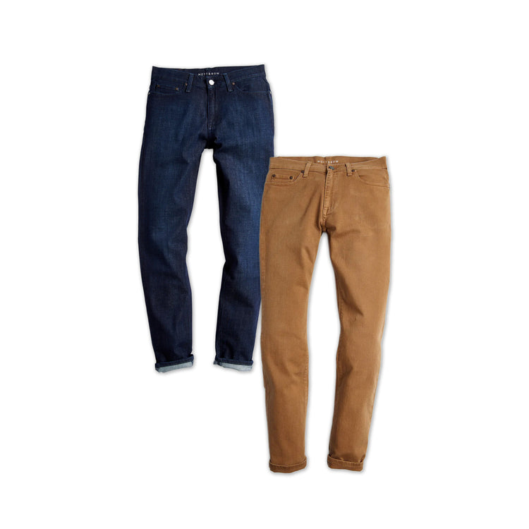  wearing Khaki/Medium Dark Blue Slim Mercer and Slim Crosby 2-Pack Jeans