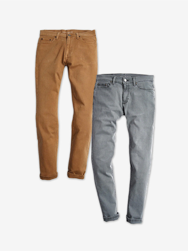  wearing Khaki/Light Gray Slim Mercer and Slim Stone 2-Pack Jeans