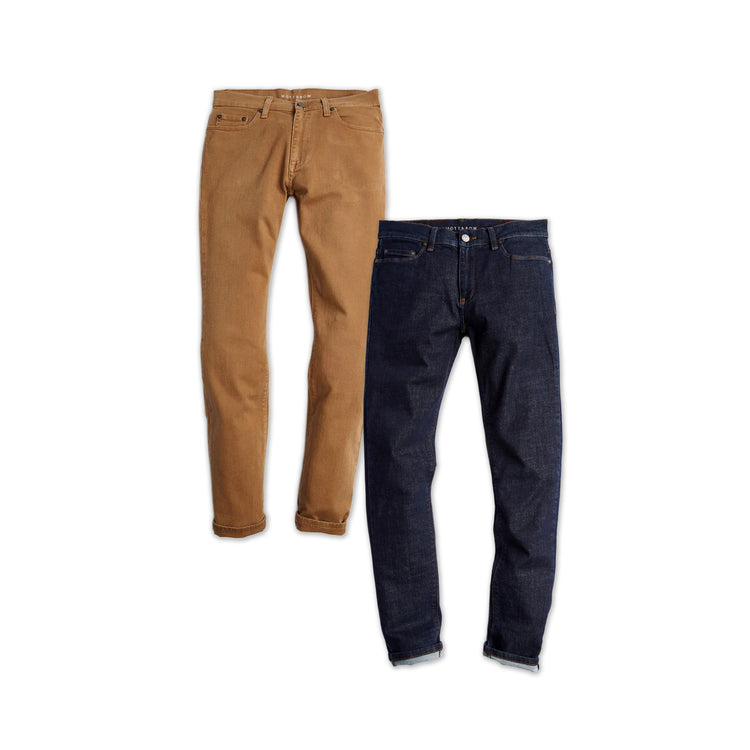 wearing Khaki/Dark Blue Skinny Mercer and Skinny Wooster 2-Pack Jeans