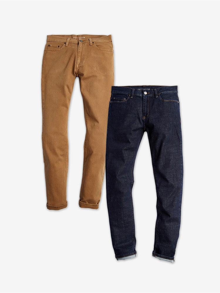  wearing Khaki/Dark Blue Skinny Mercer and Skinny Wooster 2-Pack Jeans