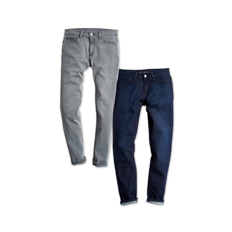  wearing Light Gray/Medium Dark Blue Slim Stone and Slim Crosby 2-Pack Jeans