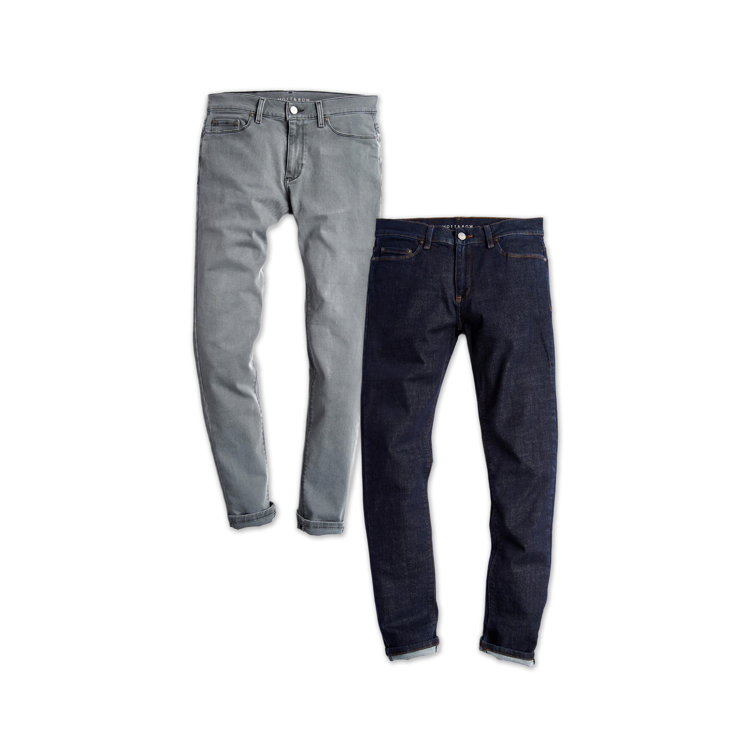  wearing Light Gray/Dark Blue Slim Stone and Slim Wooster 2-Pack Jeans jeans