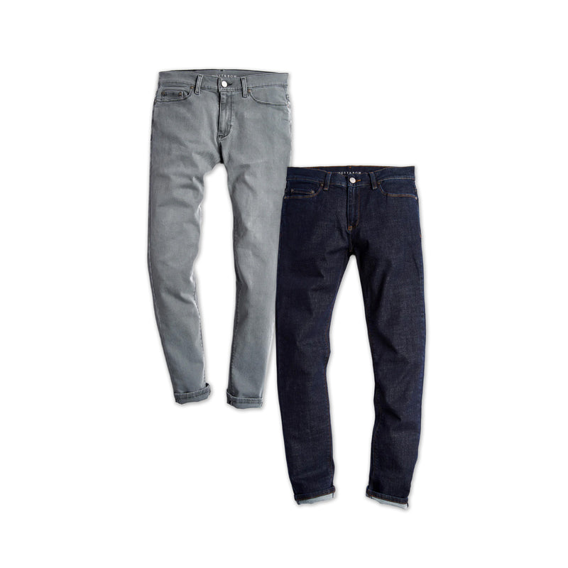  wearing Light Gray/Dark Blue Slim Stone and Slim Wooster 2-Pack Jeans jeans