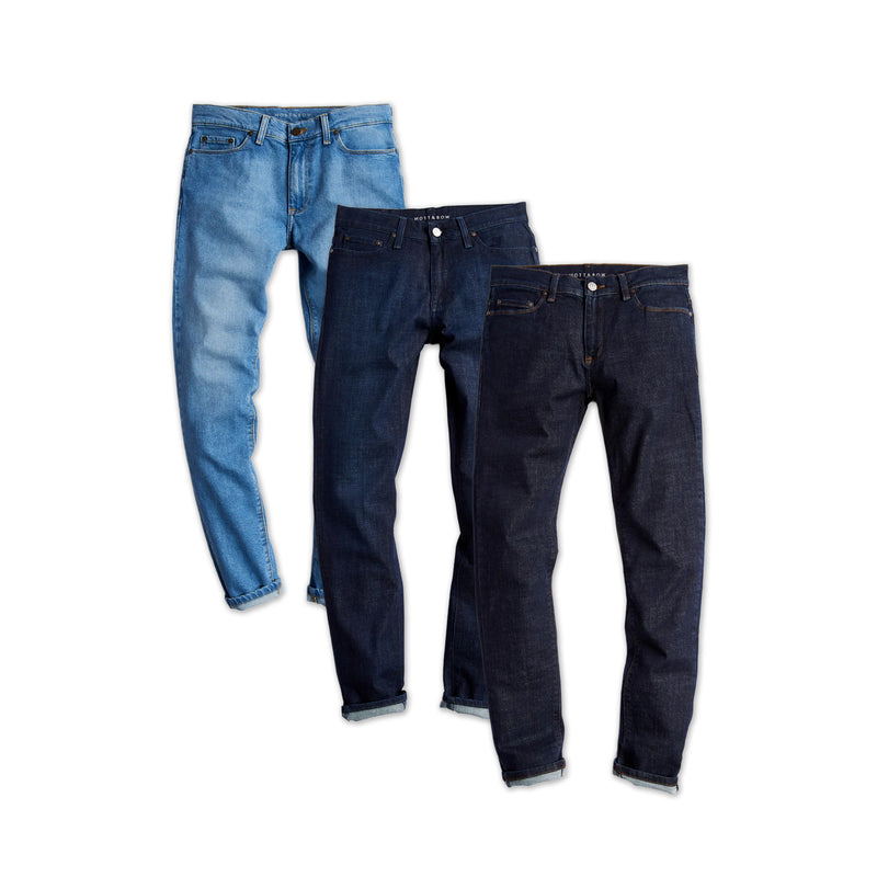  wearing Light Blue/ Medium/Dark Blue /Dark Blue Slim Benson, Crosby and Wooster 3-Pack Jeans jeans