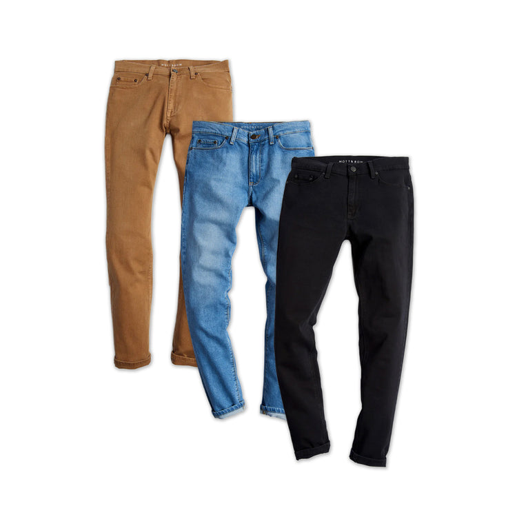 wearing Khaki/Light Blue/Black Straight Mercer, Benson and Jay 3-Pack Jeans
