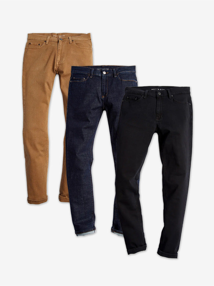  wearing Khaki/Dark Blue/Black Skinny Mercer, Wooster and Jay 3-Pack Jeans