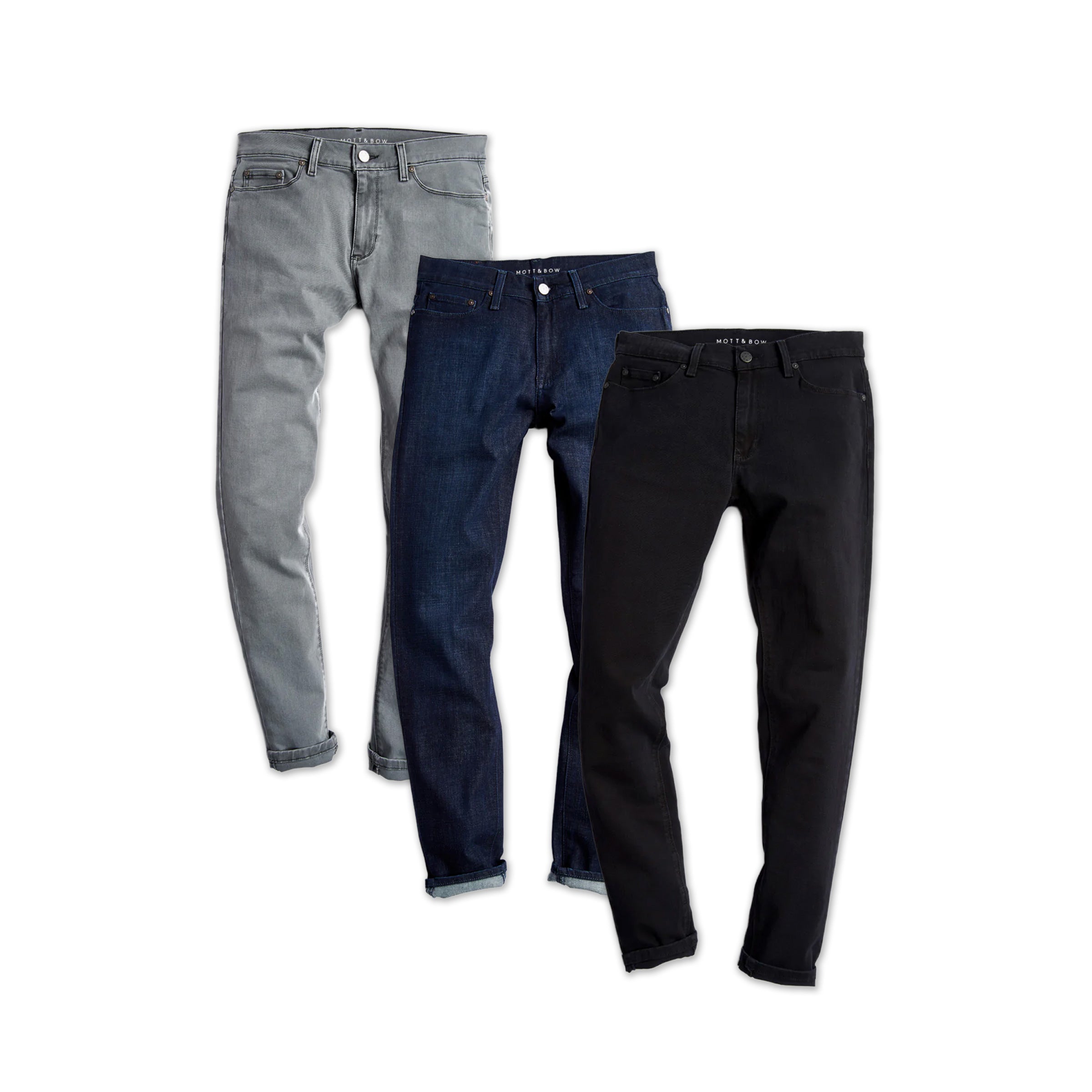  wearing Light Gray/ Medium/Dark Blue /Black Slim Stone, Crosby and Jay 3-Pack Jeans jeans