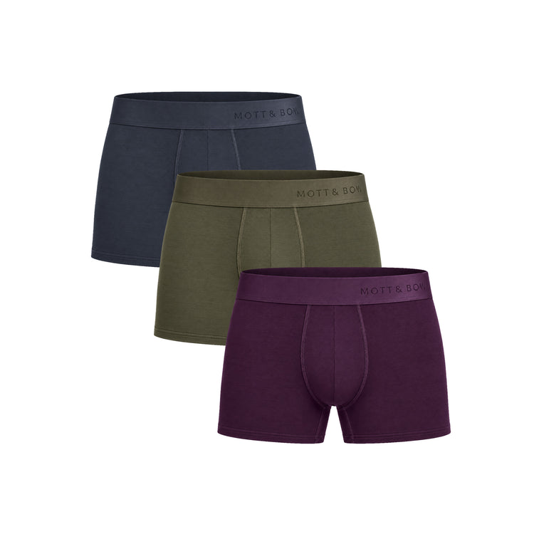 Men wearing Navy/Dark Moss/Eggplant Trunks 3-Pack
