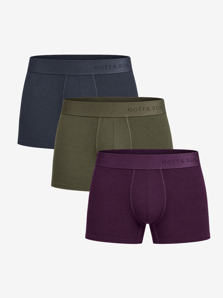 Men wearing Navy/Dark Moss/Eggplant Trunks 3-Pack