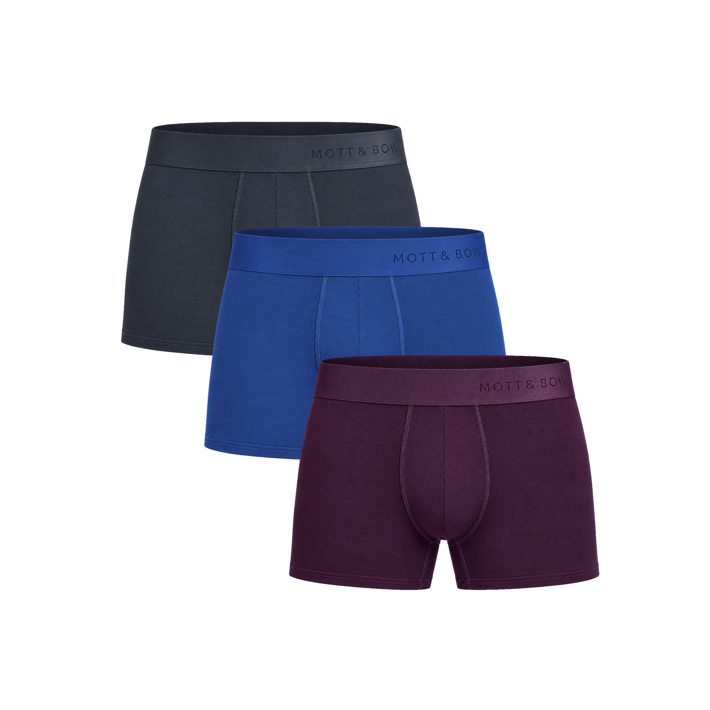 Men wearing Navy/Eggplant/Sapphire Trunks 3-Pack underwear