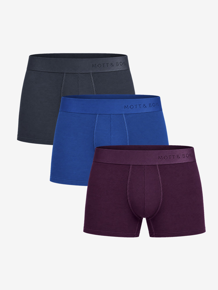Men wearing Navy/Eggplant/Sapphire Trunks 3-Pack