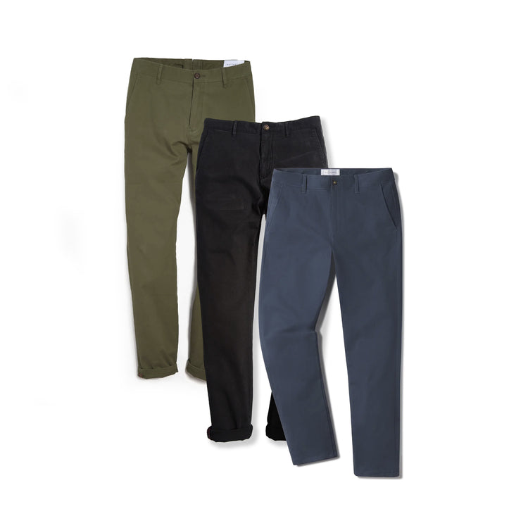 Men wearing Black/Riverside/Green Everyday Comfort Chino Slim Pants 3-Pack