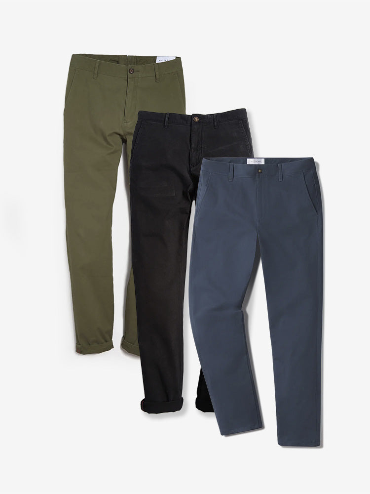 Men wearing Black/Riverside/Green Everyday Comfort Chino Slim Pants 3-Pack