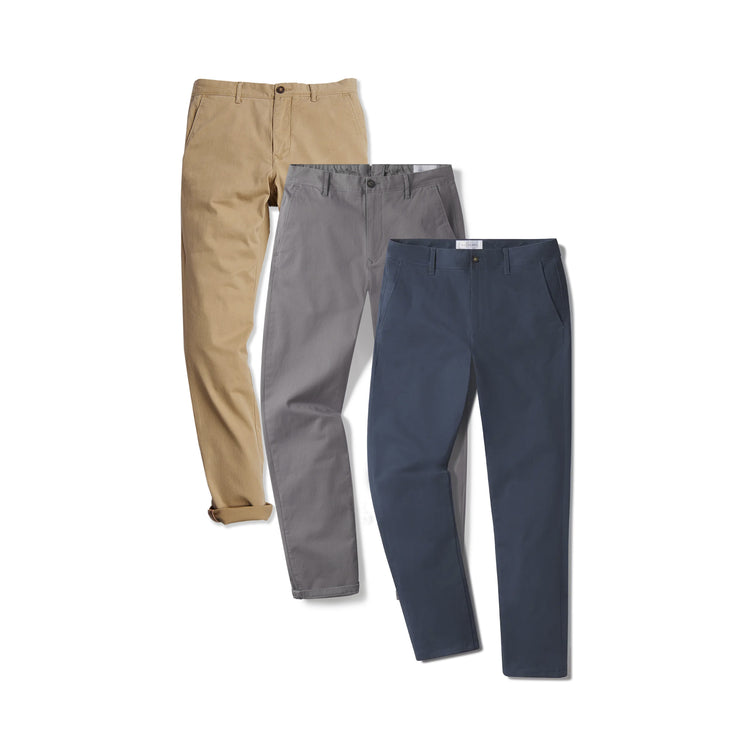 Men wearing Khaki/Riverside/Gray Everyday Comfort Chino Slim Pants 3-Pack