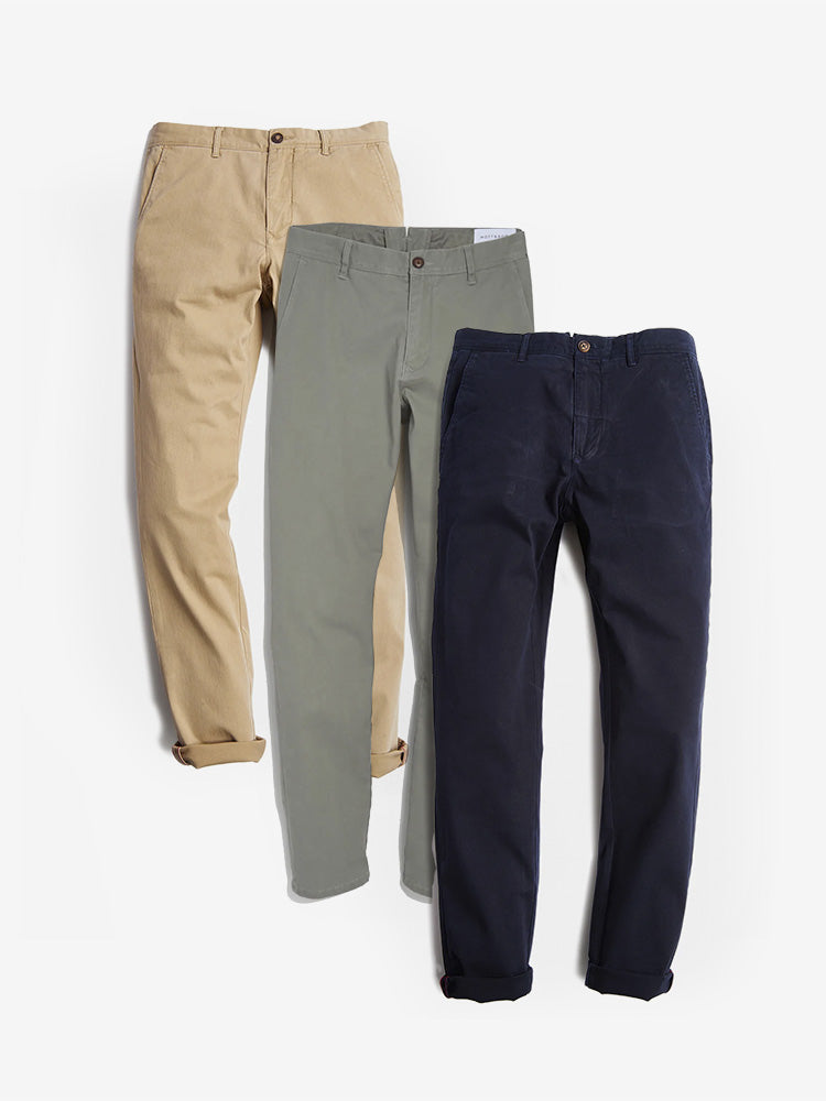 Men wearing Navy/Light Gray/Khaki Everyday Comfort Chino Slim Pants 3-Pack