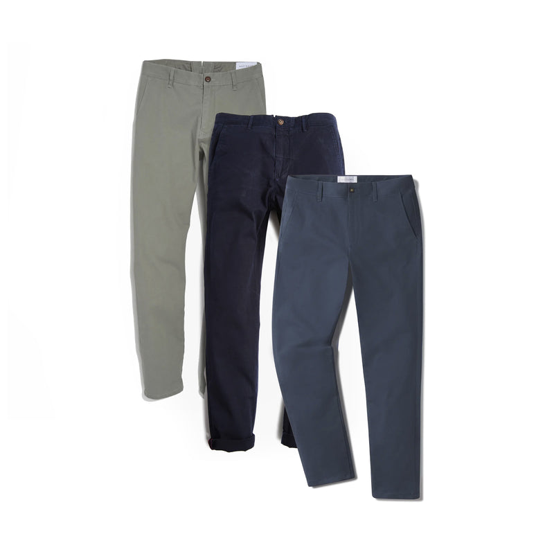 Men wearing Navy/Riverside/Light Gray Everyday Comfort Chino Slim Pants 3-Pack pants