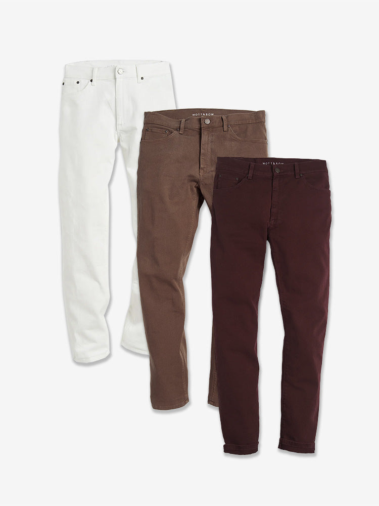 Men wearing Clay/Burgundy/Bone Slim Twill Stretch Jeans 3-Pack