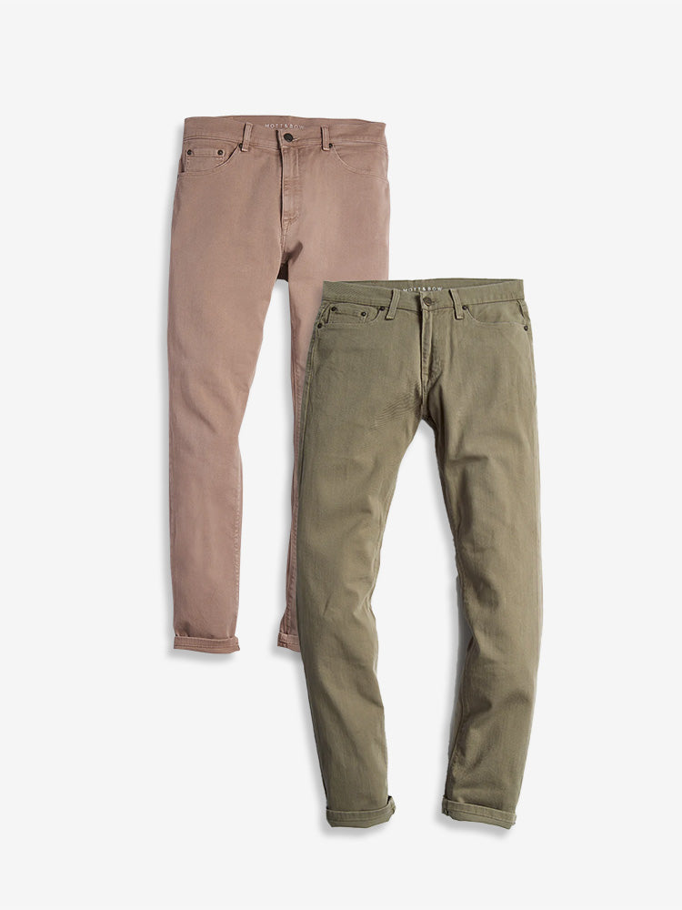 Men wearing Olive/Apricot Slim Twill Stretch Jeans 2-Pack