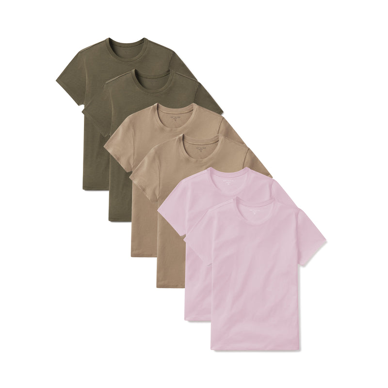 Women wearing Military Green/Sienna/Rose Pink Fitted Crew Marcy 6-Pack tees