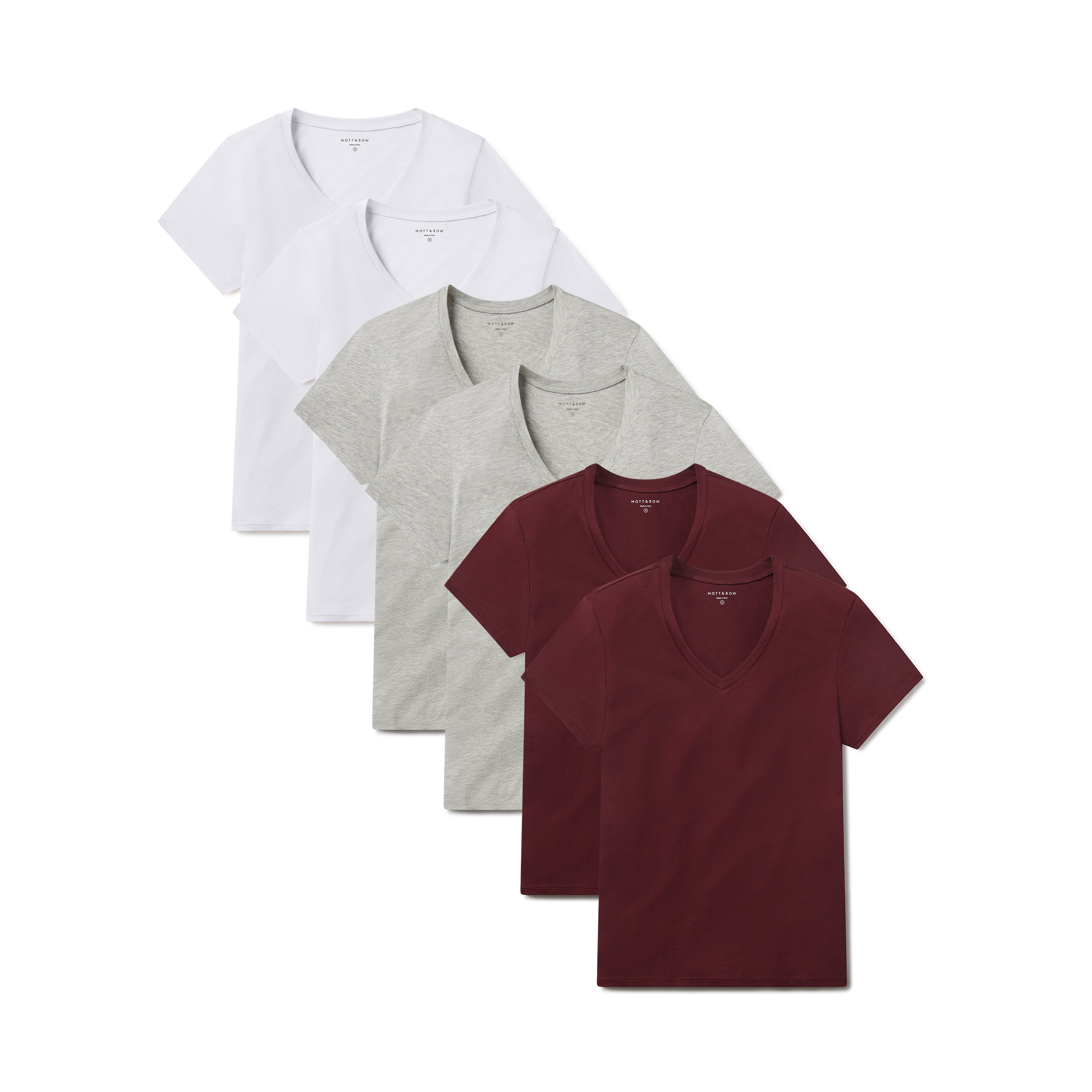 Women wearing Crimson/Heather Gray/White Fitted V-Neck Marcy 6-Pack tees