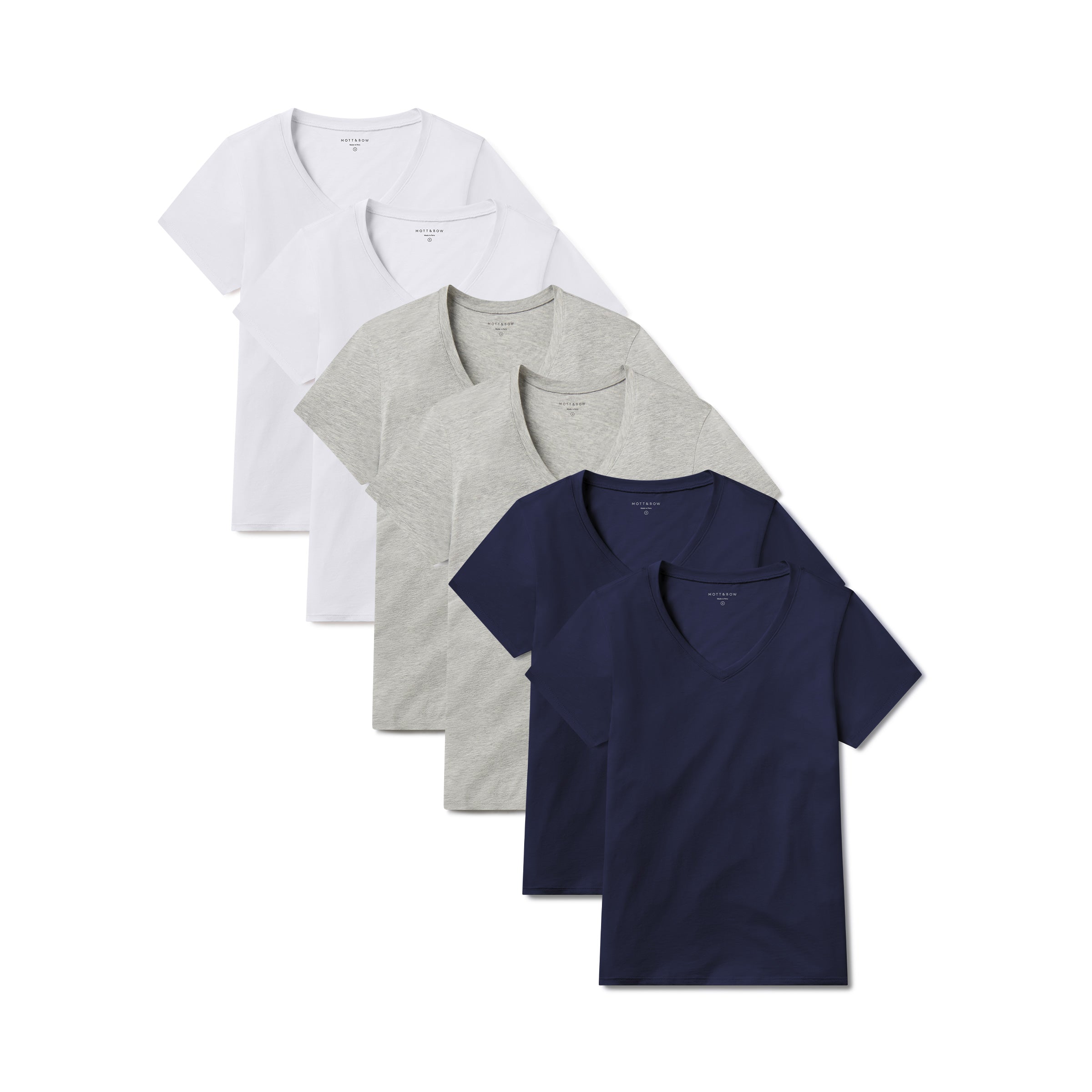 Women wearing Navy/Heather Gray/White Fitted V-Neck Marcy 6-Pack tees