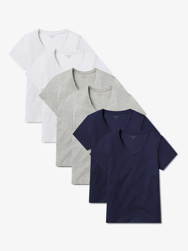 Women wearing Navy/Heather Gray/White Fitted V-Neck Marcy 6-Pack