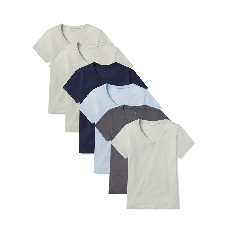 Women wearing Vintage White/Vintage White/Navy/Ice Blue/Noche Gray/Light Gray Fitted V-Neck Marcy 6-Pack