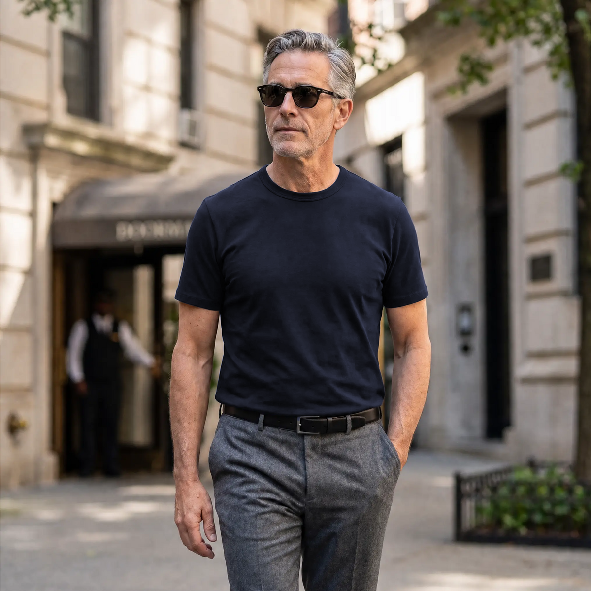 Men wearing Navy Classic Crew Driggs Tee