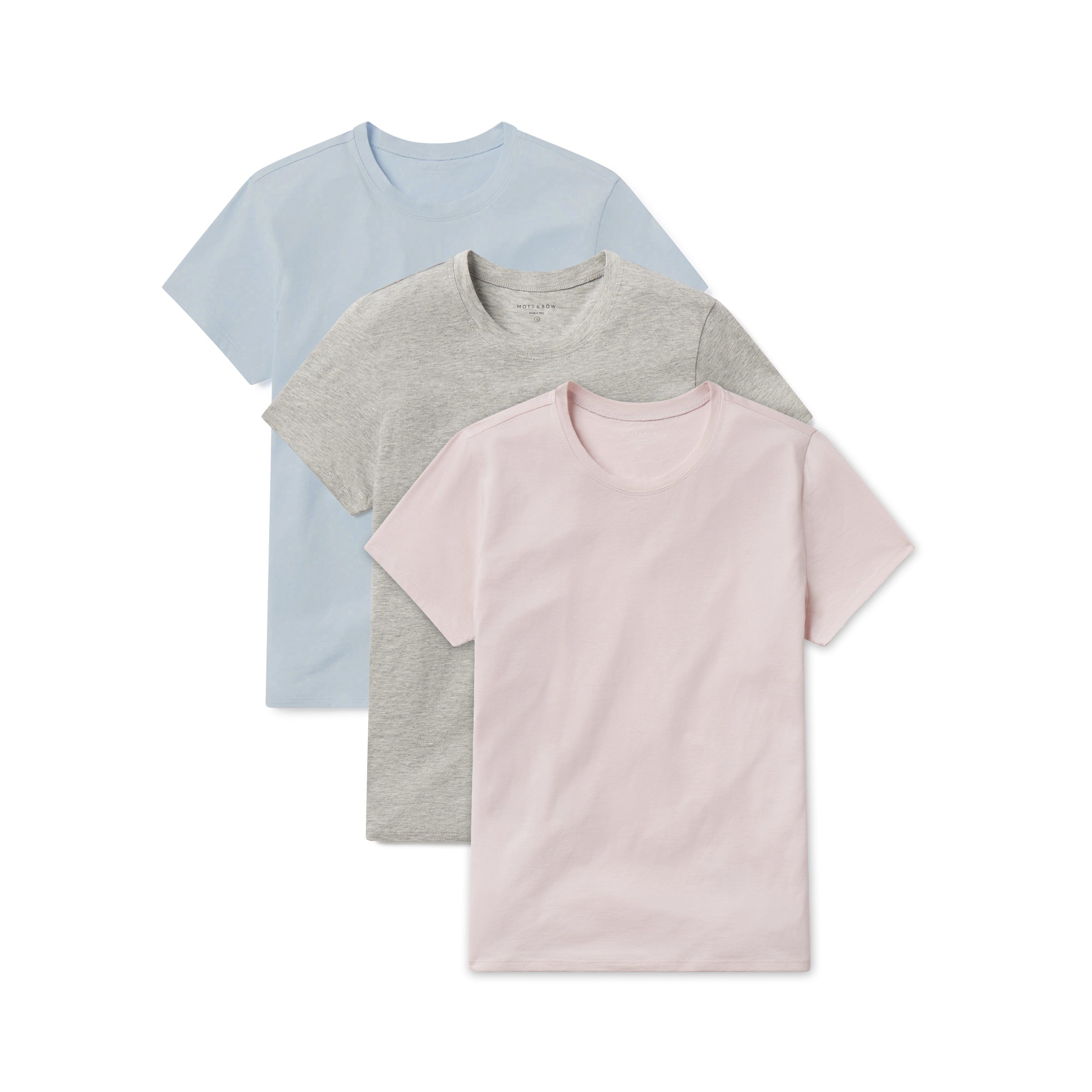 Women wearing Heather Gray/Champagne/Ice Blue Fitted Crew Marcy 3-Pack tees