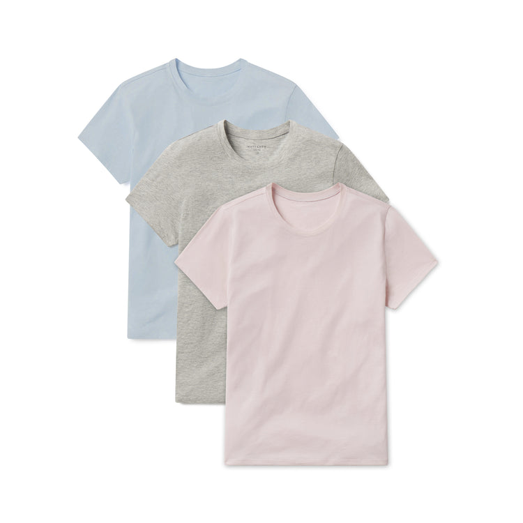 Women wearing Heather Gray/Champagne/Ice Blue Fitted Crew Marcy 3-Pack