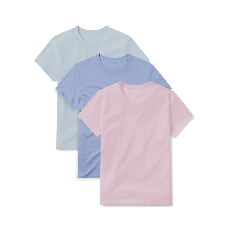 Women wearing Rose Pink/Ice Blue/Hydrangea Fitted Crew Marcy 3-Pack tees