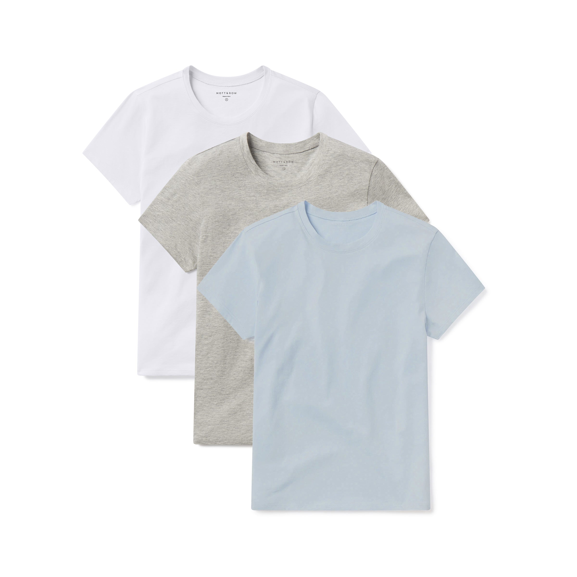Women wearing White/Heather Gray/Ice blue Fitted Crew Marcy 3-Pack tees