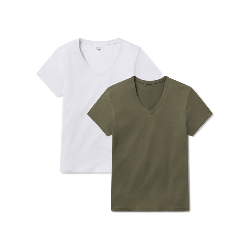 Women wearing White/Military Green Relaxed V-Neck Marcy Tee 2-Pack tees