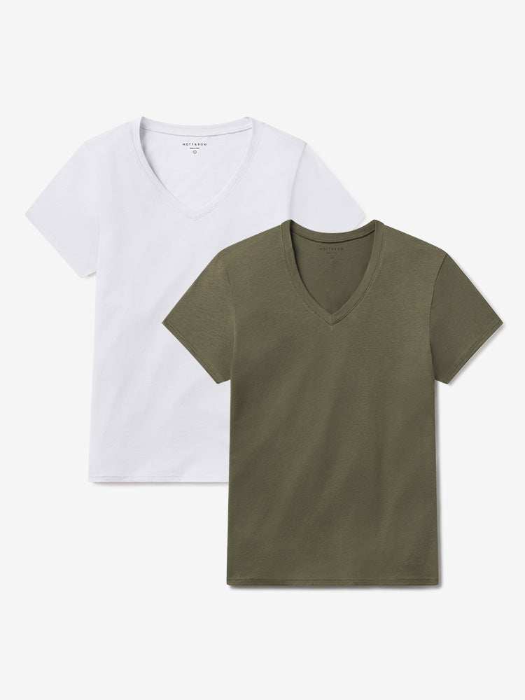 Women wearing White/Military Green Relaxed V-Neck Marcy Tee 2-Pack