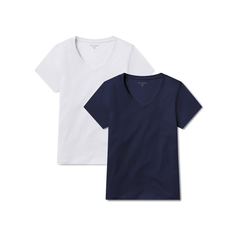 Women wearing White/Navy Relaxed V-Neck Marcy Tee 2-Pack