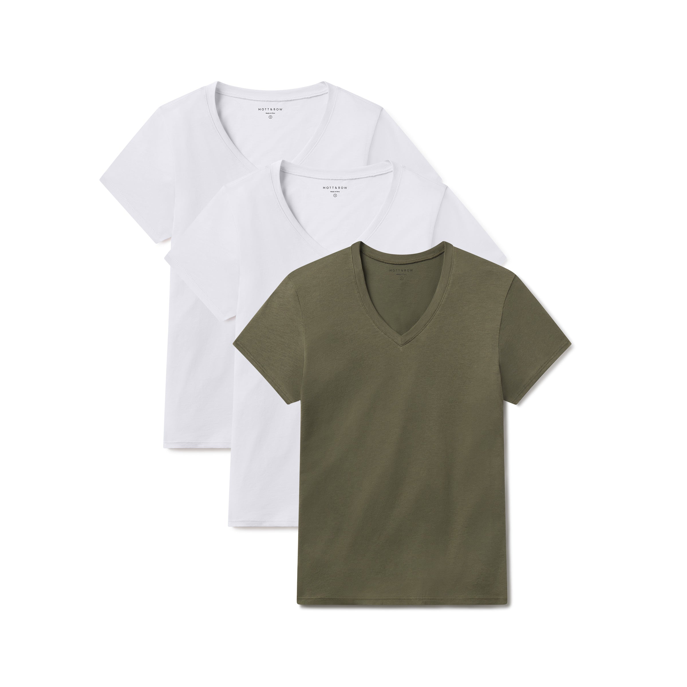 Women wearing White/White/Military Green Relaxed V-Neck Marcy Tee 3-Pack tees