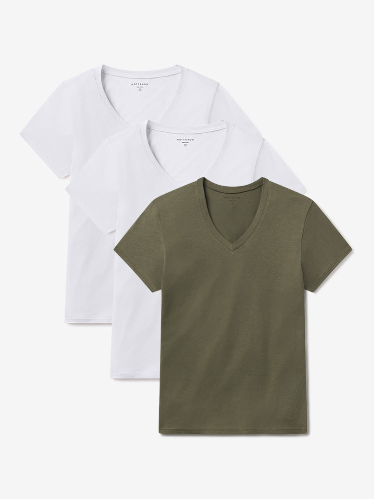 Women wearing White/White/Military Green Relaxed V-Neck Marcy Tee 3-Pack