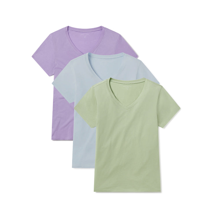 Women wearing Lilac/Pistachio/Ice Blue Fitted V-Neck Marcy 3-Pack
