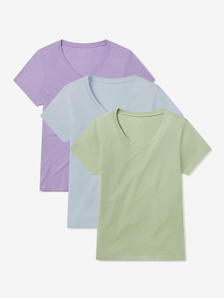 Women wearing Lilac/Pistachio/Ice Blue Fitted V-Neck Marcy 3-Pack