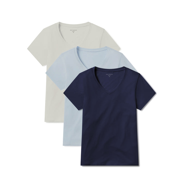 Women wearing Vintage White/Navy/Ice Blue Fitted V-Neck Marcy 3-Pack