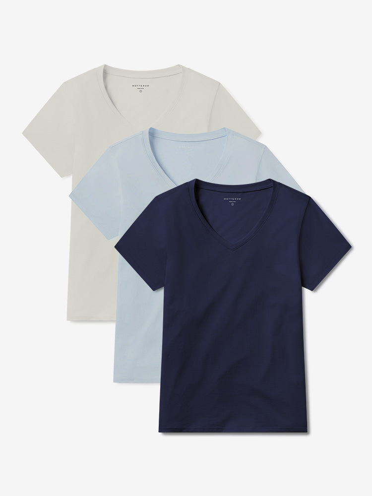 Women wearing Vintage White/Navy/Ice Blue Fitted V-Neck Marcy 3-Pack