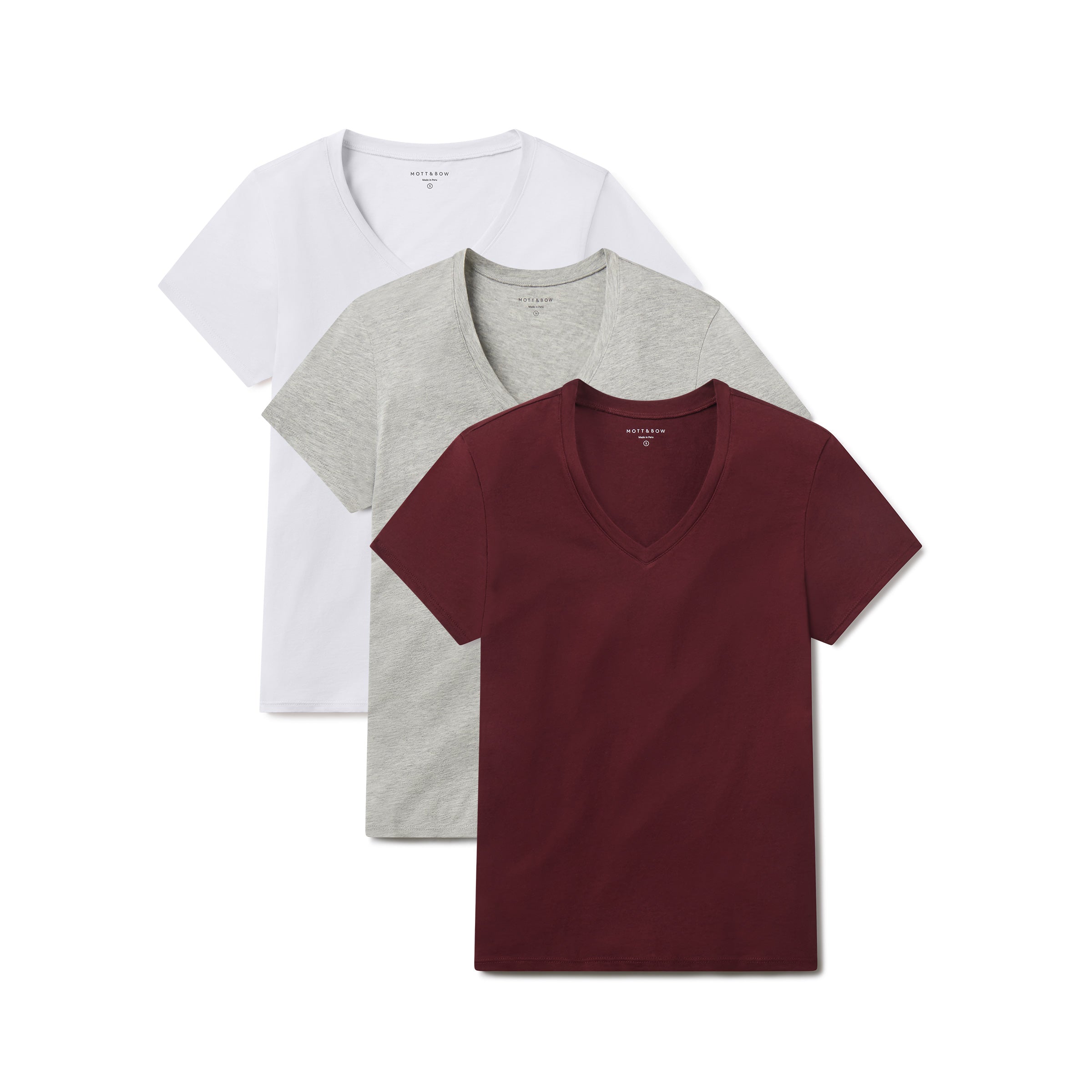 Women wearing White/Crimson/Heather Gray Fitted V-Neck Marcy 3-Pack tees