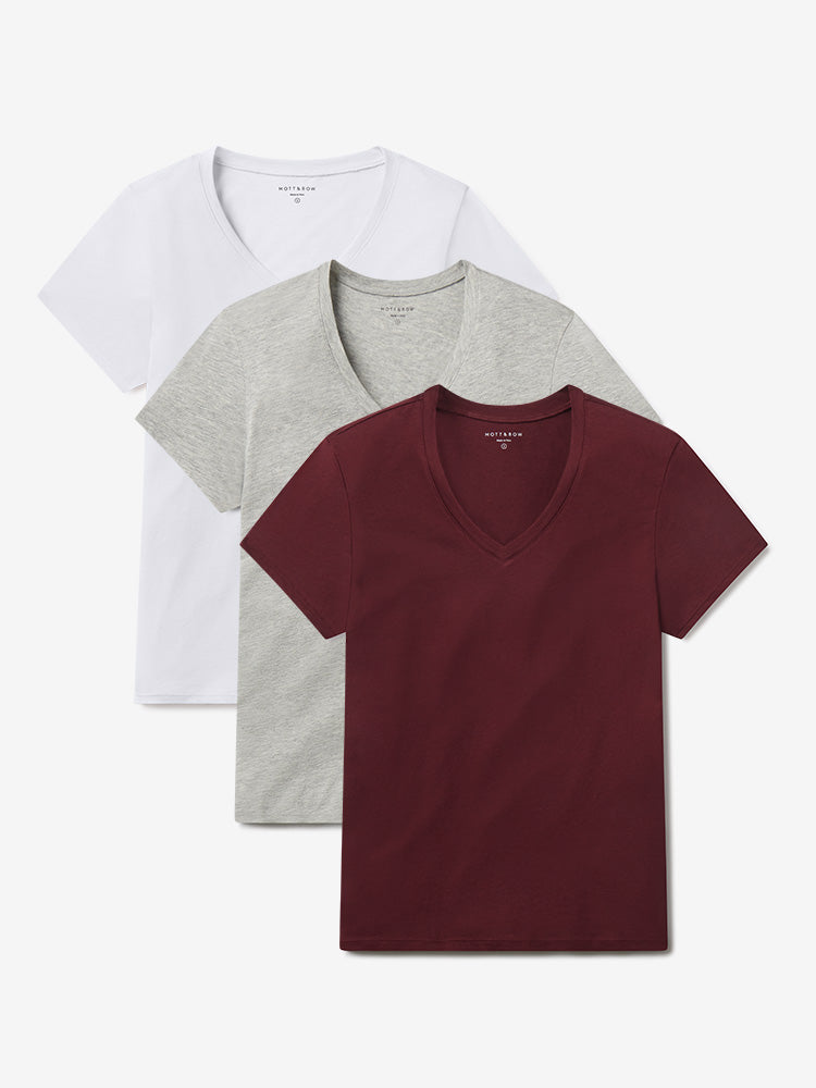 Women wearing White/Crimson/Heather Gray Fitted V-Neck Marcy 3-Pack