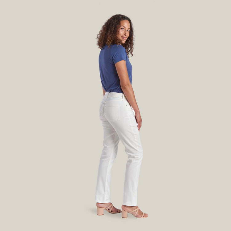 Women wearing Hueso Mercer Mid Rise Slim Straight Jeans