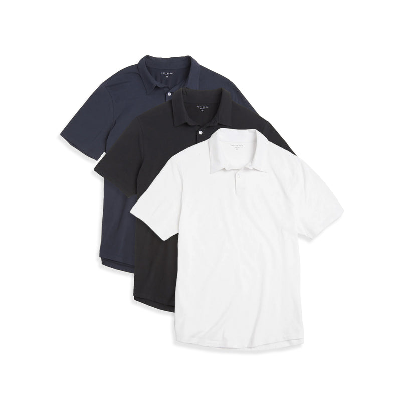  wearing Navy/Black/White Jersey Sueded Polo 3-Pack
