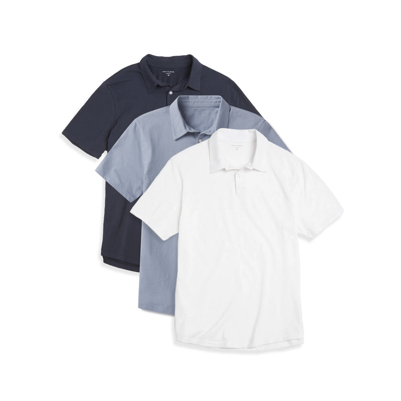 Men wearing White/California Blue/Navy Jersey Sueded Polo 3-Pack tees
